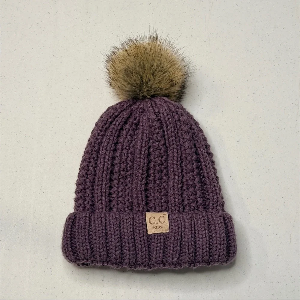 C.C Kids Dark Purple Knit Beanie with Pom-Pom